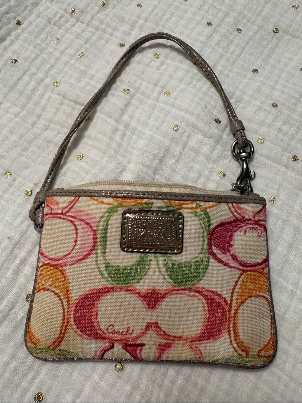 Vintage Coach Multicolor Signature Print Wristlet in Pink, Green, Orange, Red